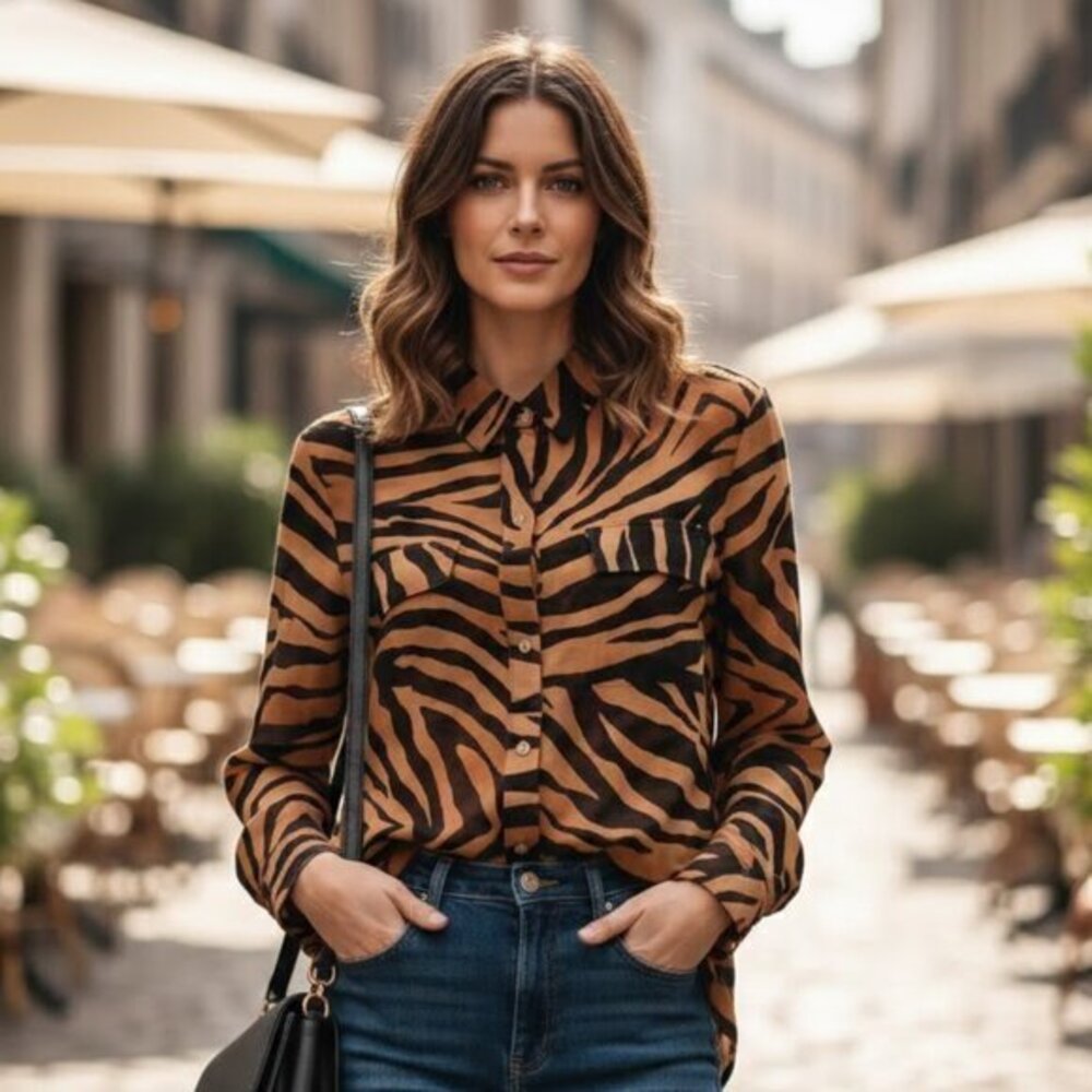 Chico's Easy Tiger Print Sheer Button-Down Blouse Size 2 (L/12) | Animal Print